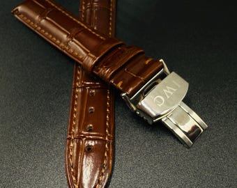 Correa de reloj IWC de piel marrón de 18 mm con cierre desplegable de acero inoxidable