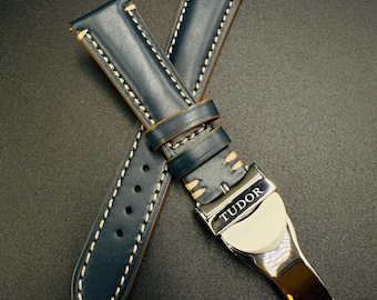 Tudor 22mm Dark Blue Leather Wrist Watch Strap With Stainless Steel Clasp
