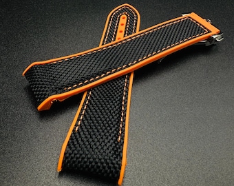 Correa de reloj OMG Seamaster Planet Ocean de 20 mm, hecha a mano, con caucho de nailon, color negro y naranja, con cierre.