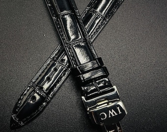 IWC 18mm Black Leather Watch Strap With Stainless Steel Deployment Clasp