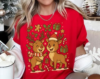 Gezellig kerst-T-shirt met rendieren: vakantie-gezinsoutfit