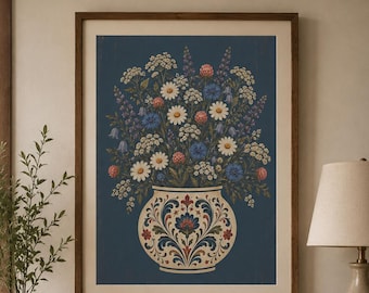 Wildflower Folk Art Print, Scandinavian Botanical Vase Wall Art (Digital Download)