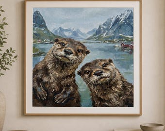 カワウソのカップルのプリント｜居心地の良い北欧風ファミリールームの壁飾り｜スカンジナビアのフィヨルドの動物のプリント