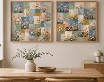 Wildflower Patchwork Print Set of 2 | Pastel Colorblock Dining Duo | Scandinavian Folk Botanical Printable