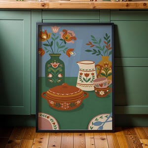 Lámina de arte popular para cocina, póster de bodegón de cerámica escandinava (descarga instantánea)