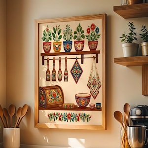 May include: A framed print featuring colorful folk art kitchenware and potted plants. The artwork includes a shelf with decorative pots, utensils, and a breadbox. Wooden spoons and a coffee maker are on the countertop.