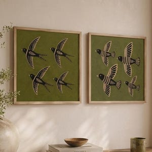 Folk Bird Duo Print, Entryway Console Wall Art, Olive Green Decor, Scandinavian Sideboard Gift
