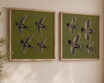 Folk Bird Duo Print, Entryway Console Wall Art, Olive Green Decor, Scandinavian Sideboard Gift