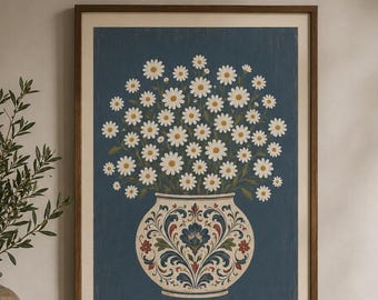 Rosemaling Daisy Vase Print, Scandinavian Folk Art Floral Wall Art (Digital Download)