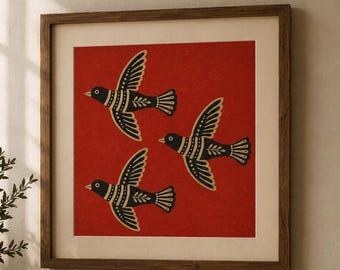 Folk Art Bird Trio Print, Scandinavian Nordic Terracotta Boho Wall Art (Digital Download)