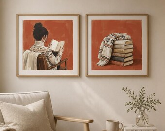 Cozy Reading Nook Art Print Set | Rust Scandinavian Hygge Wall Art (Digital Download)