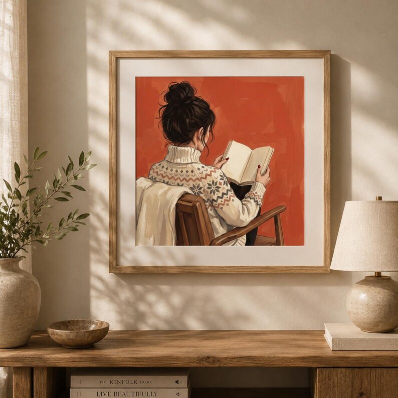 May include: A square framed wall art print featuring an illustration of a person with dark hair in a bun, wearing a cream-coloured sweater with a brown and blue snowflake pattern, sitting in a wooden chair and reading an open book against a solid orange background.