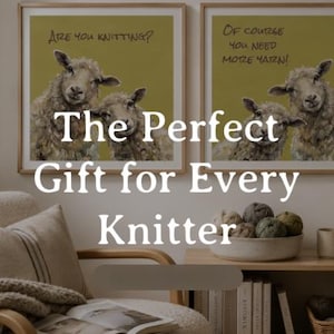 May include: Two square framed wall art prints featuring illustrations of sheep on a mustard yellow background. The left print reads Are you knitting? and the right print reads Of course you need more yarn! Both prints show two sheep looking forward.