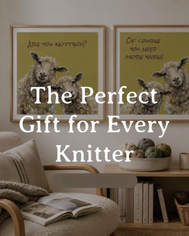 May include: Two square framed wall art prints featuring illustrations of sheep on a mustard yellow background. The left print reads Are you knitting? and the right print reads Of course you need more yarn! Both prints show two sheep looking forward.