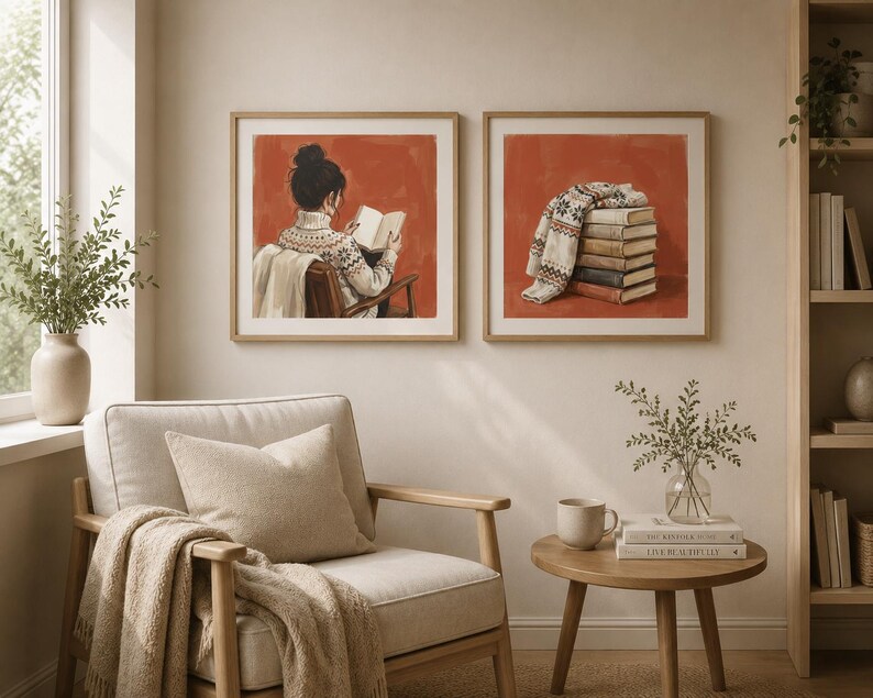 May include: Two square framed wall art prints featuring a burnt orange background. The left print shows a person in a patterned jumper reading a book. The right print depicts a stack of books topped with a folded patterned jumper.
