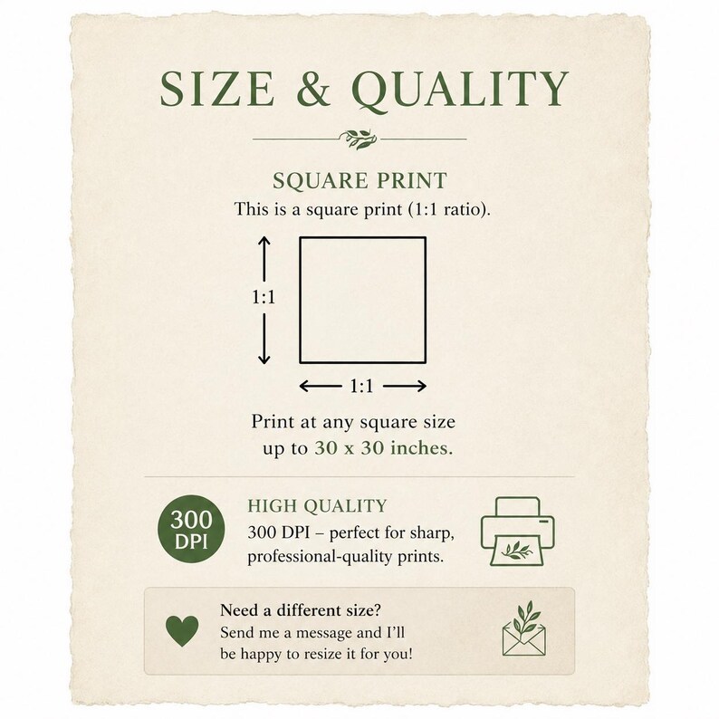 May include: An informational graphic titled SIZE & QUALITY with dark green text on a cream background. It specifies a 1:1 square print ratio, a maximum size of 76.2 x 76.2 cm, and 300 DPI resolution. Includes icons of a printer and an envelope.