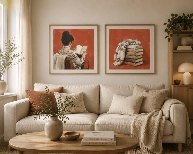 May include: Two square framed wall art prints featuring a burnt orange background. The left print shows a person in a patterned sweater reading a book. The right print depicts a stack of books topped with a folded patterned sweater.