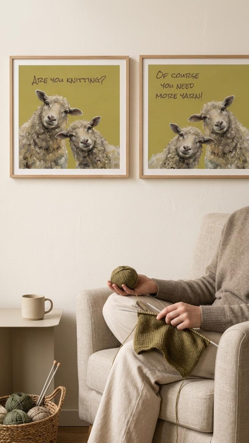 May include: Two square framed wall art prints featuring illustrations of sheep on a mustard yellow background. The left print reads Are you knitting? and the right print reads Of course you need more yarn! Both frames are light wood.