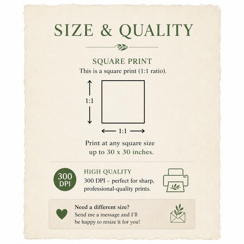May include: An informational graphic titled SIZE & QUALITY with dark green text on a cream background. It specifies a 1:1 square print ratio, a maximum size of 30 x 30 inches, and 300 DPI resolution. Includes icons of a printer and an envelope.