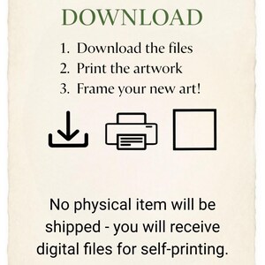 May include: A rectangular informational graphic with a cream-coloured background and deckled edges. It features the text DIGITAL DOWNLOAD, followed by three numbered steps: 1. Download the files, 2. Print the artwork, 3. Frame your new art! Icons of a download arrow, a printer, and a square frame are displayed. Below, the text states: No physical item will be shipped - you will receive digital files for self-printing.