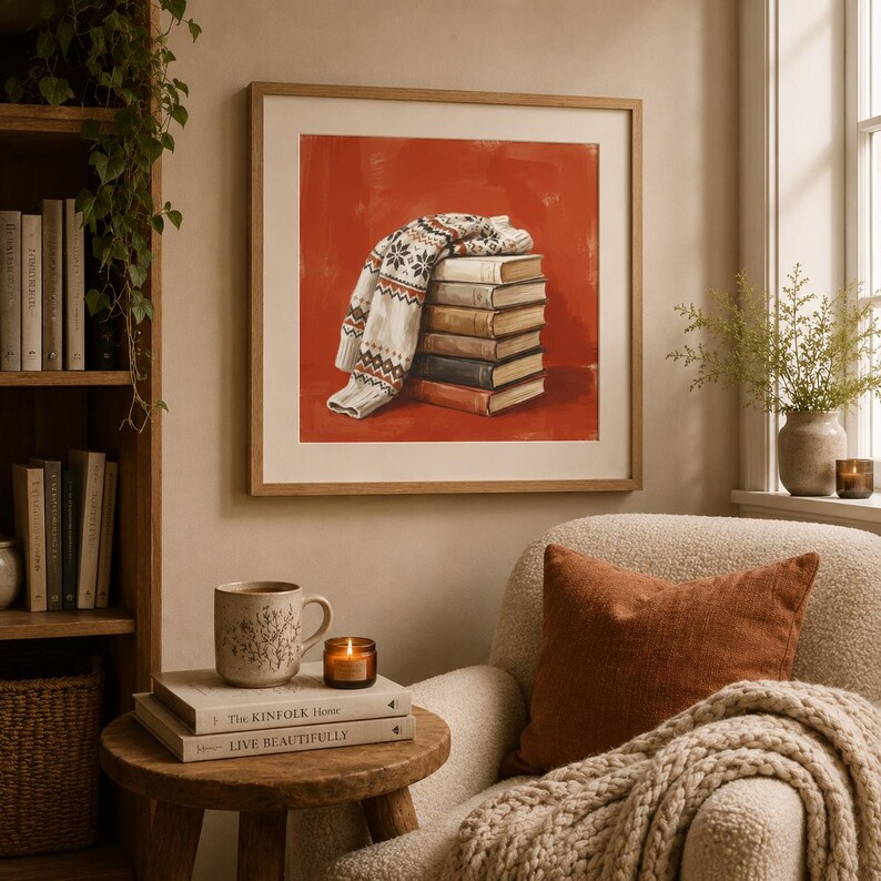 May include: A square framed wall art print featuring a stack of five books topped with a cream-coloured knit sweater with a brown and red snowflake pattern, all set against a solid, vibrant orange background within a light wood frame.