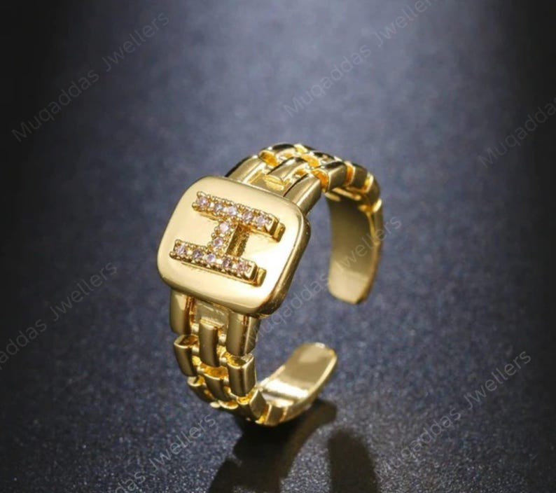 Link Chain Initial Adjustable Ring | Statement Ring gift for her. image 3