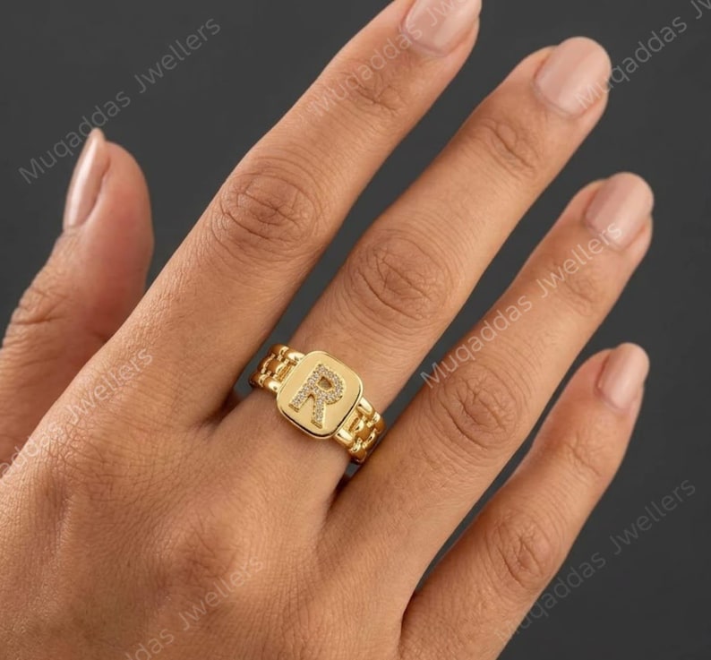 Link Chain Initial Adjustable Ring | Statement Ring gift for her. image 1