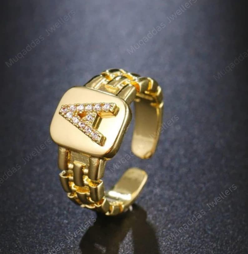 Link Chain Initial Adjustable Ring | Statement Ring gift for her. image 2