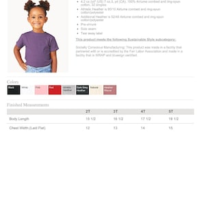 May include: A toddler-sized t-shirt in a vibrant purple hue. The image showcases the shirt's color options, including black, white, pink, and red. Measurements are provided for body length and chest width, ranging from 15 1/2 inches to 18 1/2 inches.