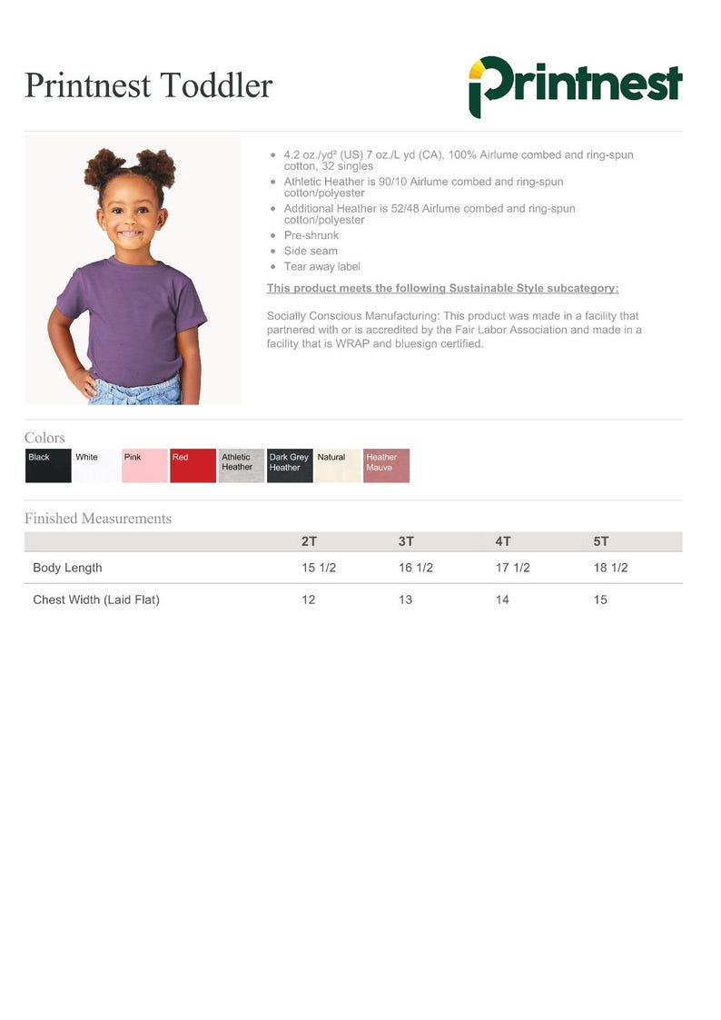 May include: A toddler-sized t-shirt in a vibrant purple hue. The image showcases the shirt's color options, including black, white, pink, and red. Measurements are provided for body length and chest width, ranging from 15 1/2 inches to 18 1/2 inches.