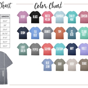 May include: A size and color chart for t-shirts. The size chart shows measurements in inches for sizes S to 4XL. The color chart displays various t-shirt colors, including Berry, Black, Denim, and Light Green.