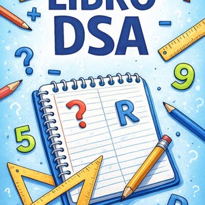 May include: Illustration of a notebook with the text "LIBRO DSA" and mathematical symbols. The image includes a red question mark, a blue "R", a yellow ruler, and pencils. Numbers and question marks are scattered around the notebook.