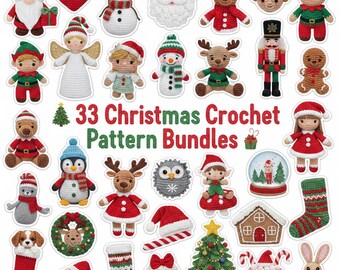 May include: A collection of 33 Christmas crochet pattern bundles. The image features various crochet figures, including a snowman, Santa Claus, reindeer, elves, and a gingerbread man. Other items include a Christmas tree, a snow globe, and a Christmas stocking.