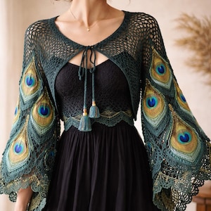 Peacock Crochet Shrug Pattern | Crochet Pattern |Boho Mesh Bolero with Flared Sleeves | S-3XL