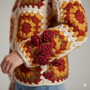 Op de afbeelding: Een crème, gele en rode gehaakte trui met een bloemenmotief. De mouw is versierd met gehaakte rode rozen met groene stelen. De trui heeft een granny square patroon.