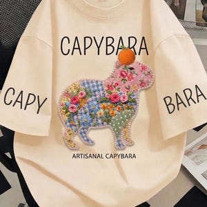 Patchwork Capybara PNG, Faux Embroidery Sublimation Design, Floral Cottagecore Sticker (Digital Download)