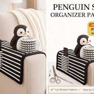Molde de Crochê para Capa de Apoio de Braço de Sofá com Pinguim | Organizador de Sofá Amigurumi (Download em PDF)