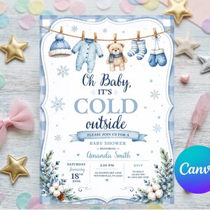 May include: A baby shower invitation featuring a blue gingham border and a clothesline with a hat, onesie, teddy bear, socks, and mittens. Text reads: Oh Baby, IT'S COLD outside, PLEASE JOIN US FOR A BABY SHOWER, HONORING Amanda Smith, January 18th, 2026.