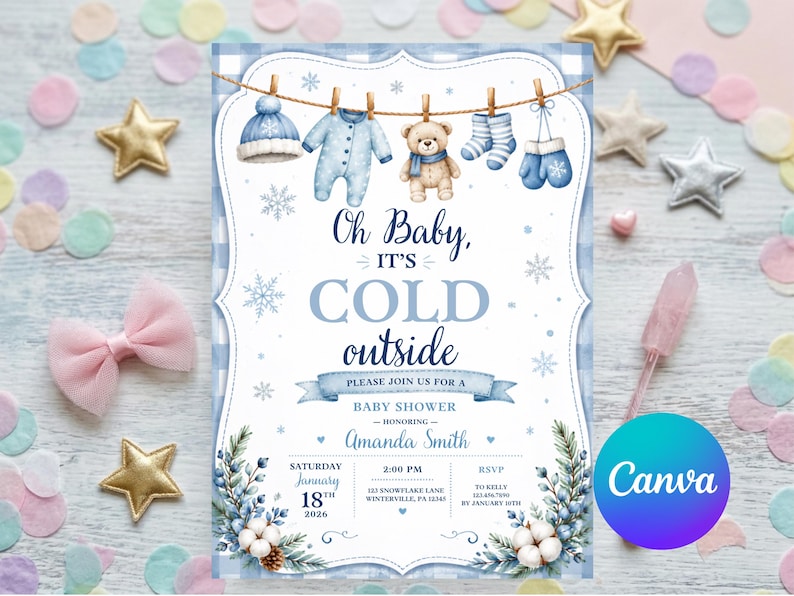 May include: A baby shower invitation featuring a blue gingham border and a clothesline with a hat, onesie, teddy bear, socks, and mittens. Text reads: Oh Baby, IT'S COLD outside, PLEASE JOIN US FOR A BABY SHOWER, HONORING Amanda Smith, January 18th, 2026.