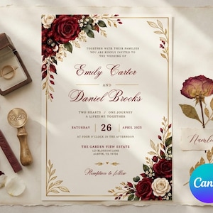 Könnte beinhalten: Eine Hochzeitseinladungskarte mit dunkelroten und weißen Rosen, goldenem Blattwerk und Text zur Ankündigung der Hochzeit von Emily Carter und Daniel Brooks am 26. April 2025. Enthält einen Goldring in einer Schachtel, ein Wachssiegel und Wachsstangen.