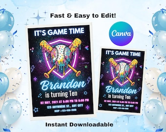 Digital Editable Baseball Ice Cream Drip Birthday Invitation (Digital Printable)