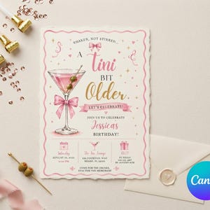 May include: A rectangular birthday invitation card with a scalloped edge featuring a pink martini glass illustration, a pink bow, and gold text reading A TINI BIT OLDER. The card includes event details for Jessica's birthday, pink confetti, and a matching envelope.