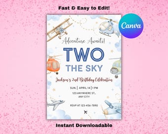 Digital Airplane 2nd Birthday Invitation, Time Flies Party, Canva Template