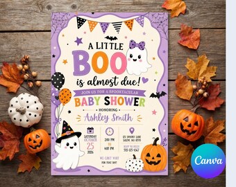 May include: A rectangular baby shower invitation card featuring a white ghost with a purple bow and another ghost wearing a witch hat. The text reads A LITTLE BOO is almost due! JOIN US FOR A SPOOKTACULAR BABY SHOWER HONORING Ashley Smith.