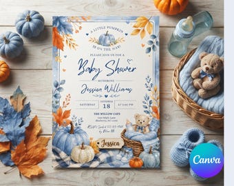 May include: A rectangular baby shower invitation card featuring watercolor illustrations of blue and orange autumn leaves, pumpkins, and a teddy bear. The text reads A LITTLE PUMPKIN IS ON THE WAY, Baby Shower, Jessica Williams, October 18, and The Willow Cafe.