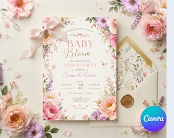 May include: A rectangular baby shower invitation card featuring floral illustrations in pink, purple, and peach. The text reads Baby Bloom, Please join us for a baby shower honoring Sana & Awais, Saturday August 16 2026 at 3:00 PM. Includes a pink ribbon.