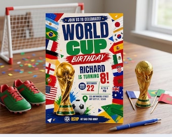 May include: A rectangular World Cup birthday invitation card for Richard turning 8, featuring a gold trophy, a soccer ball, and various national flags. The text includes date December 22, time 4 to 6 PM, address 123 Anywhere Street, and RSVP 543 765 0987.