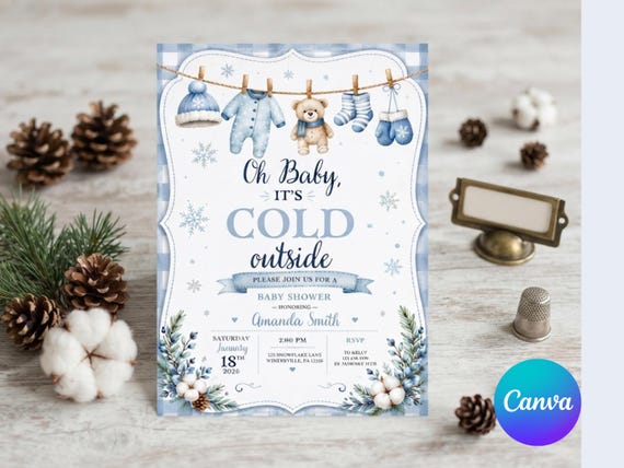 Winter Blue Baby Shower Template | Oh Baby Its Cold Outside Baby Shower Invitation  | Little Snowflake Party Invite Digital Download