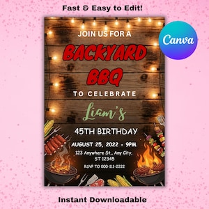Könnte beinhalten: Digitale Einladung für ein BBQ im Garten, mit einem Holz-Hintergrund und Lichterketten. Der Text verkündet ein "BACKYARD BBQ" in Rot, zur Feier von Liams 45. Geburtstag. Enthält Illustrationen von Grillgut und das Canva-Logo.