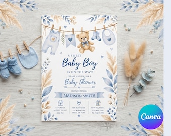 May include: A baby shower invitation card featuring a watercolor illustration of a teddy bear, blue baby clothes, and a bib hanging on a clothesline. The text reads A SWEET BABY BOY IS ON THE WAY! PLEASE JOIN US FOR A BABY SHOWER HONORING MADISON SMITH.